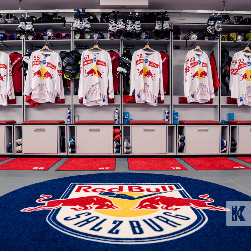 Jet-Print Mat - Red Bull branded logo mat in a changing room