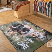 Personalised mat with a design of people around a campfire and text 'Time to Chill' on a wooden floor.