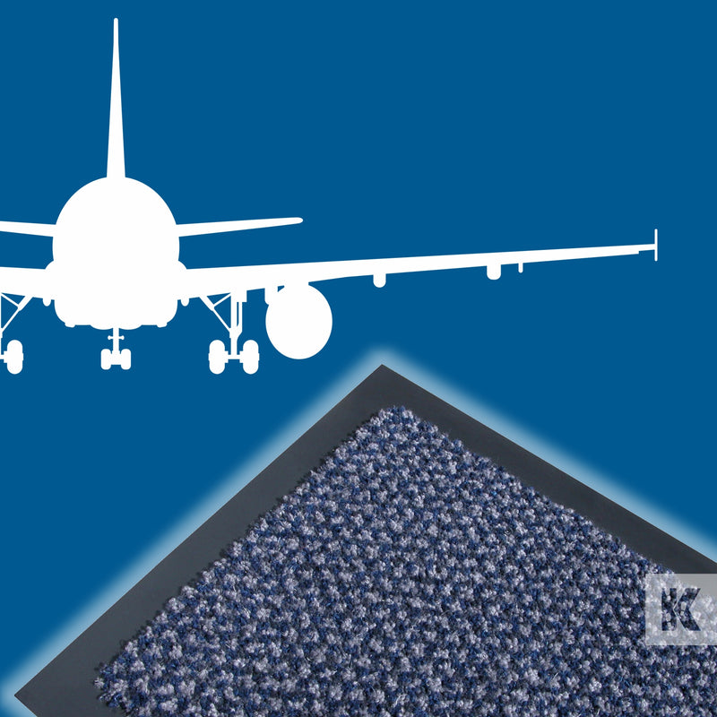 Airline Mat - Corner detail with an aeroplane graphic on a blue background
