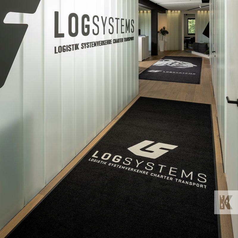Jet-Print Horizon - LogSystems branded runner mats in a long corridor