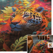 Jet-Print Light - Close up of a very colourful and detailed mat print of a leopard, a wider angle of the same mat is inset