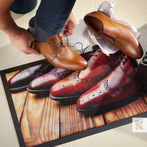 Jet-Print Patio - Small advertising mat for in-store positions, image on the mat is of brown polished shoes