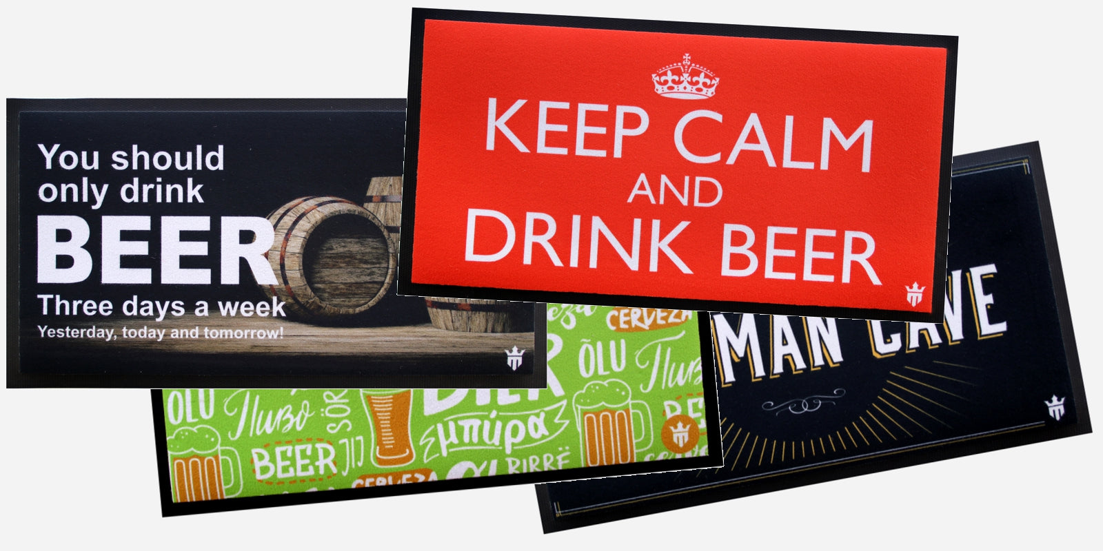 Examples of Matsmiths Bar Mats with fun colourful slogans for the Mancave