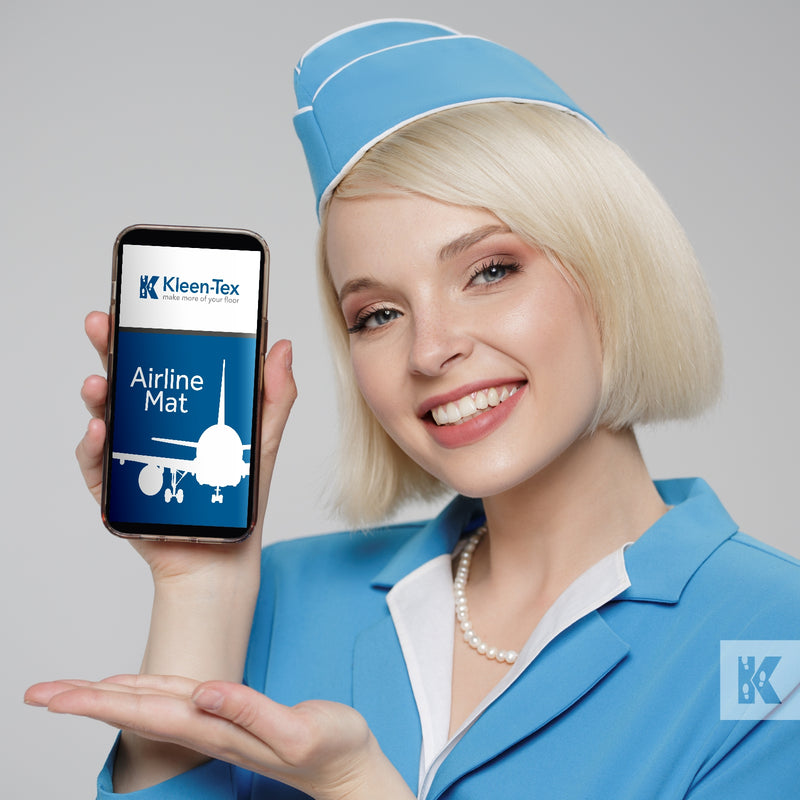 Airline Mat - Pretty stewardess holding a mobile phone with aircraft graphics