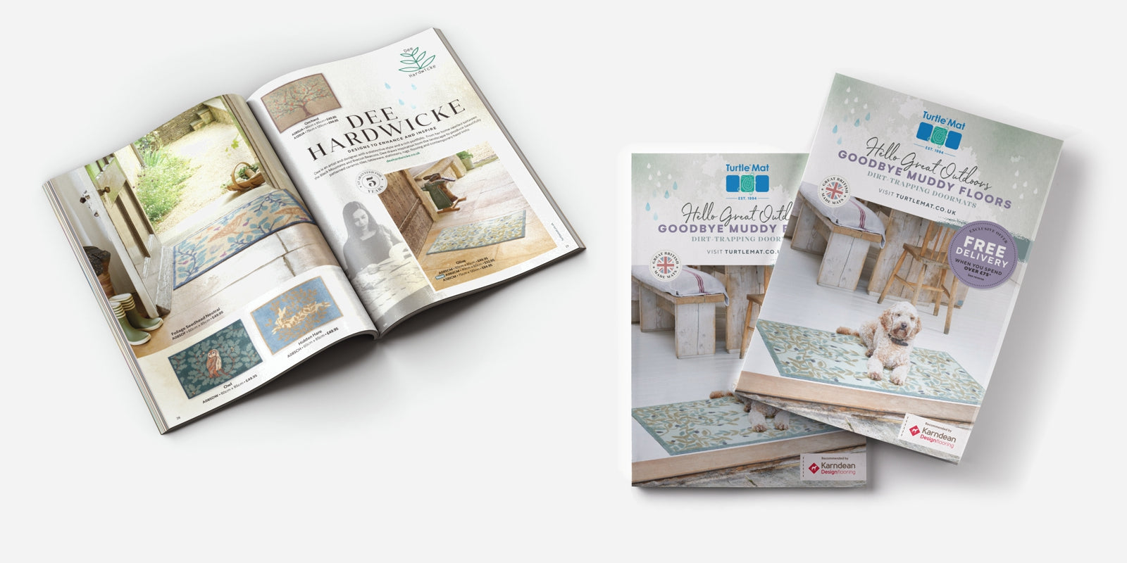 Turtle Mat brochures, one is open on the Dee Hardwicke page