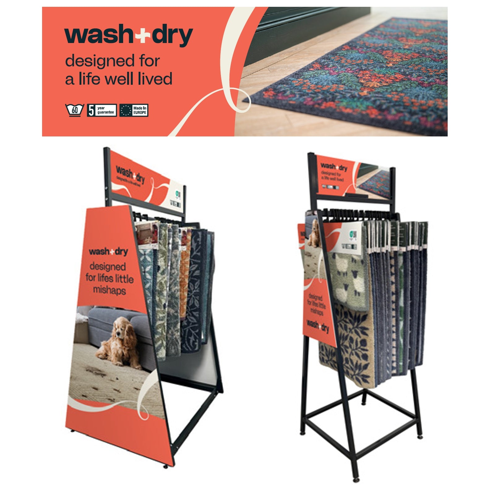 Display stand with 'wash+dry' branding and fabric samples on a white background