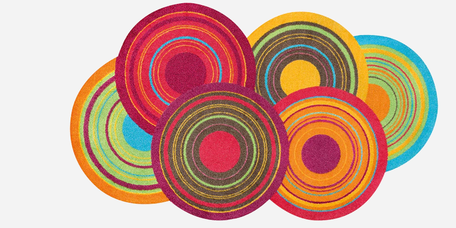 Shaped mat printed with colourful circular stripes designs