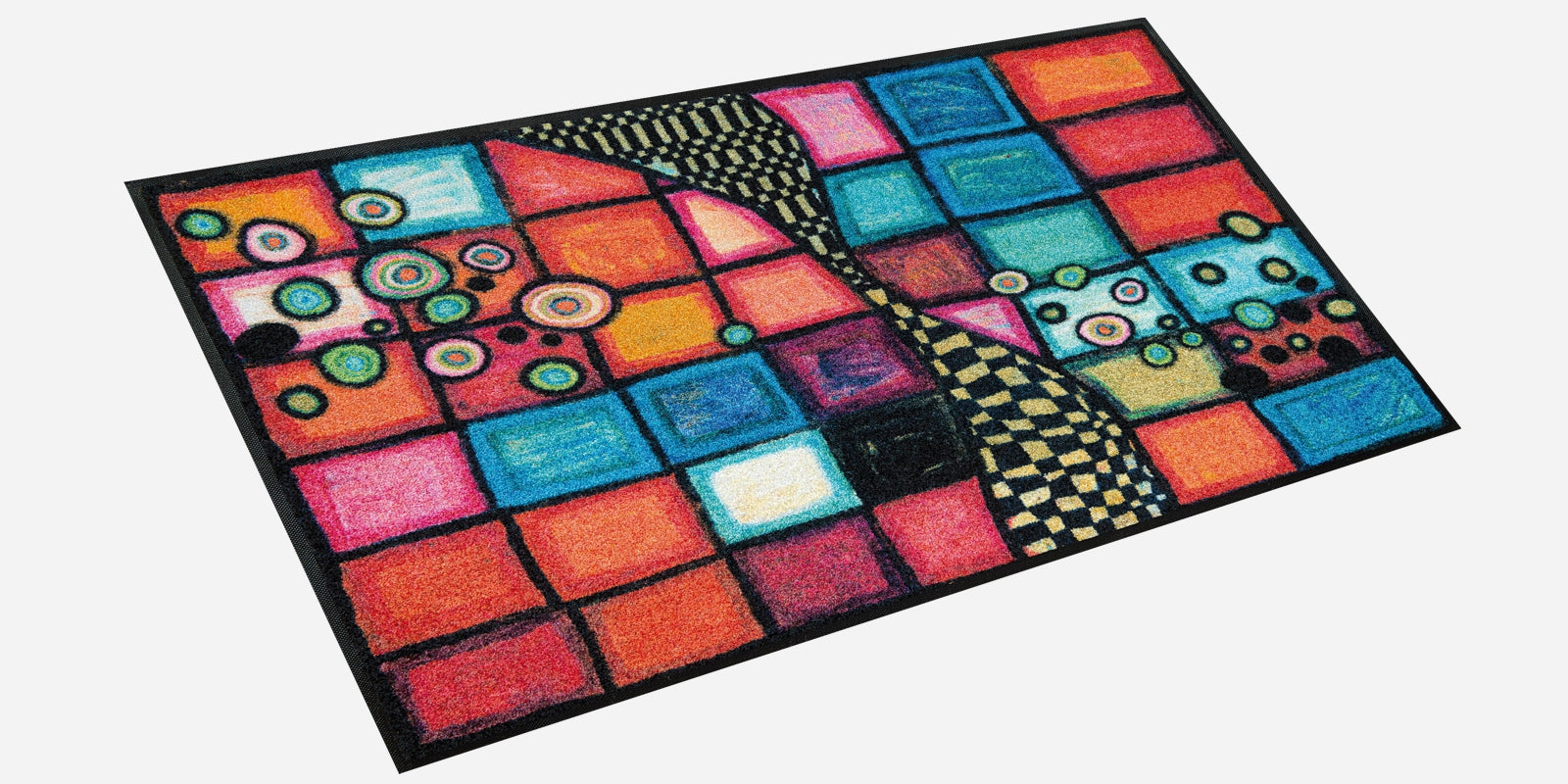 Modern colourful design on a nylon surfaced rubber backed mat